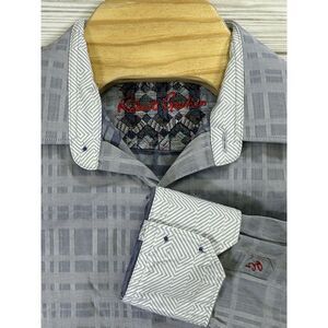Robert Graham Med Gray Plaid‎ White Chevron Flip Cuff Dress Up Long Sleeve Shirt